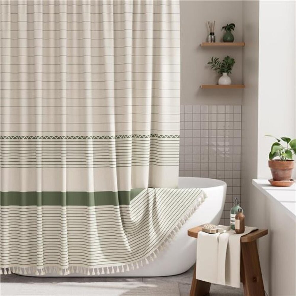 Boho Shower Curtain, Modern Farmhouse Shower Curtain Set with Tassels, Rustic